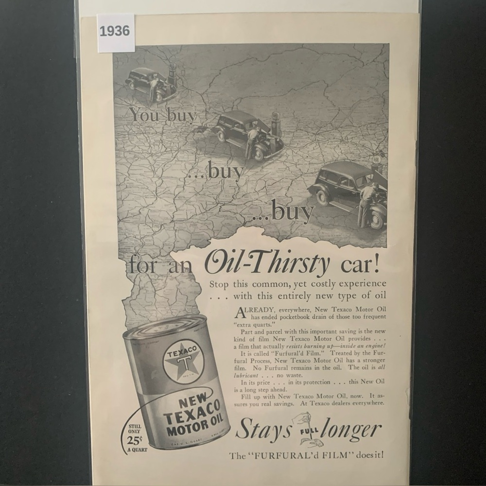 Vintage 1936 Texaco Motor Oil For An Oil Thirsty Car Ad Advertisement